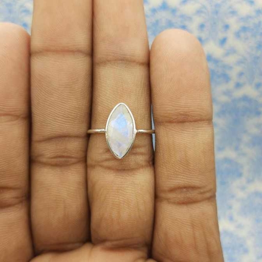 Marquise Shape Blue Fire Natural Rainbow Moonstone Handmade Sterling Silver 925 Ring